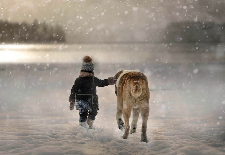 elena-shumilova-garcon-et-saint-bernard-dans-la-neige